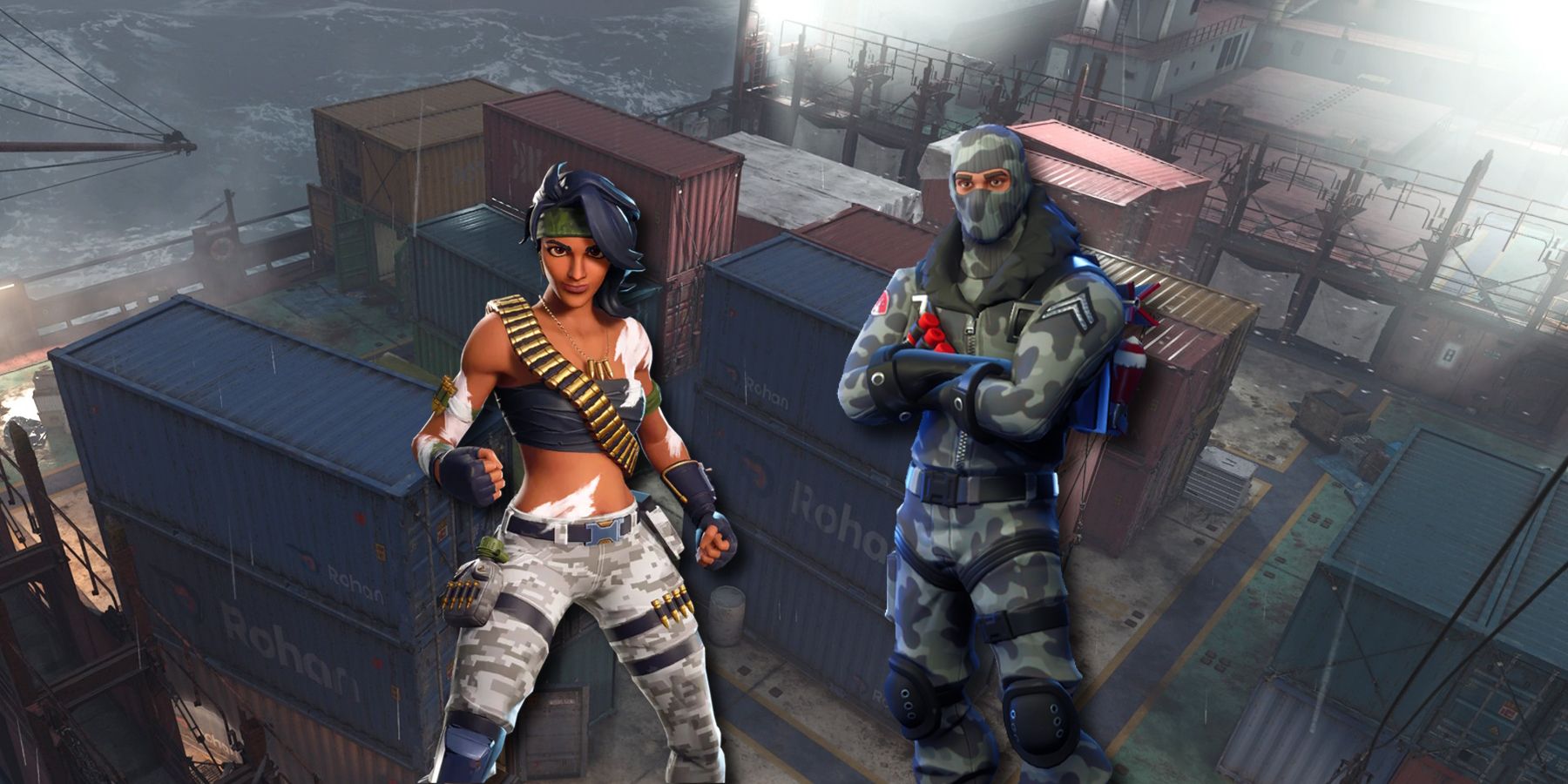 Modern Warfare 2 Shipment map under cutouts of Raptor and Bandolette from Fortnite