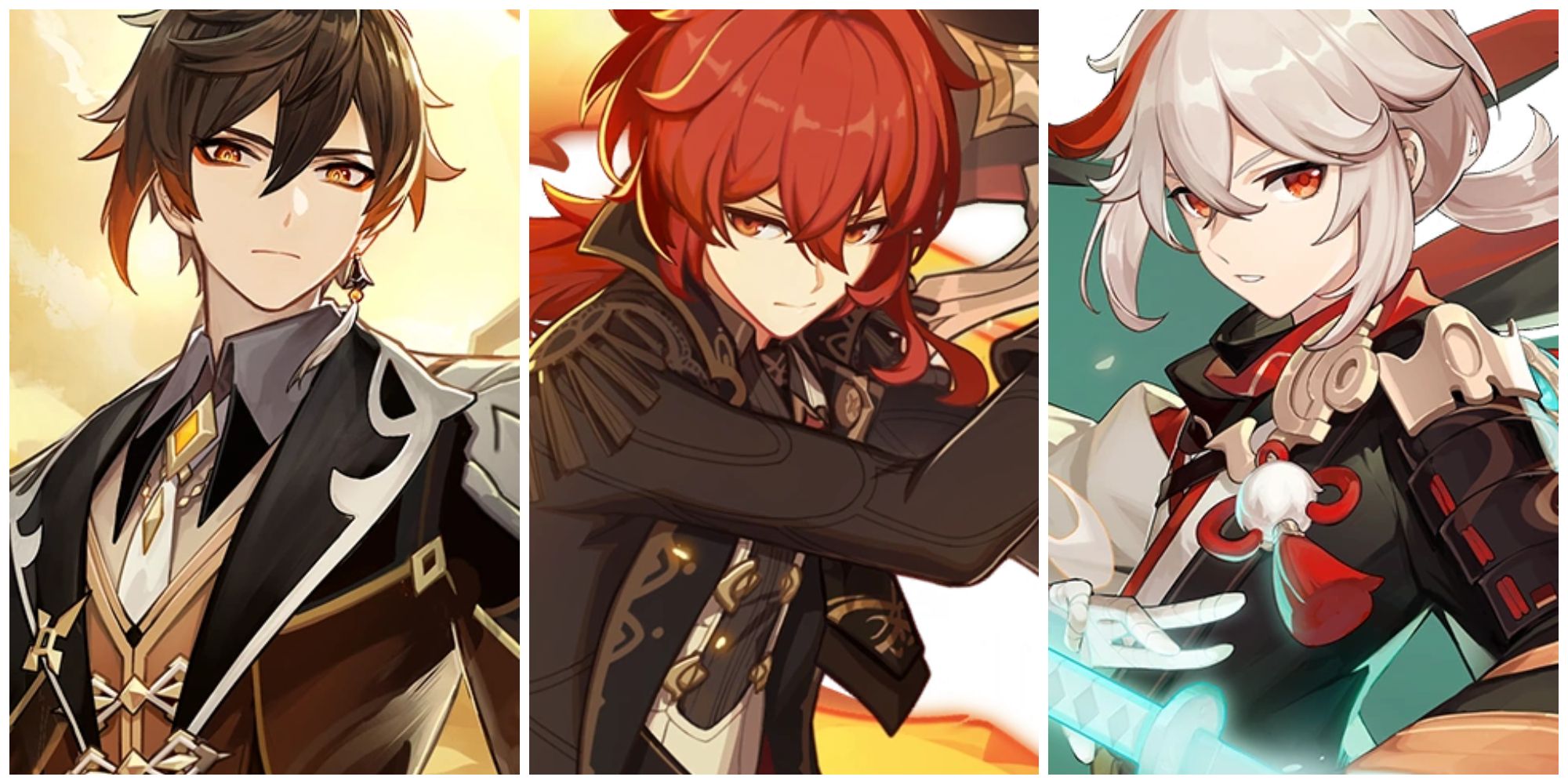 Split image of the characters Zhongli, Diluc, and Kazuha in wish banners for Genshin Impact.