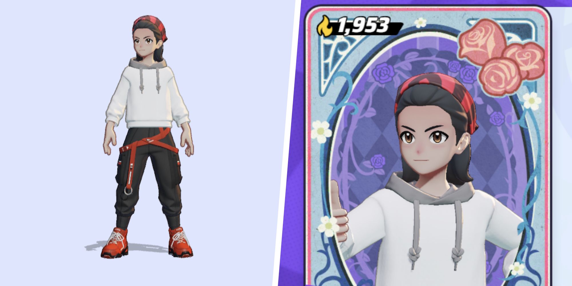 An avatar wearing the Sweet Bandana split with a Unite Snapshot with the Tea Party Frame and Background
