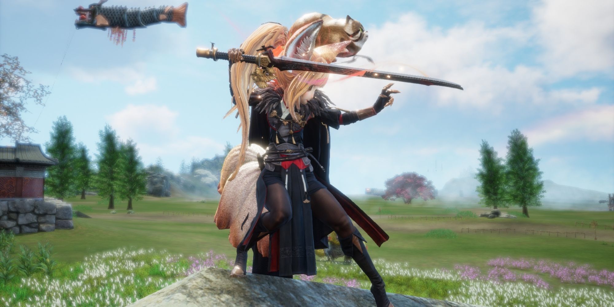 Blade & Soul Lynn kämpft auf einem weiten Feld mit vielen Blumen