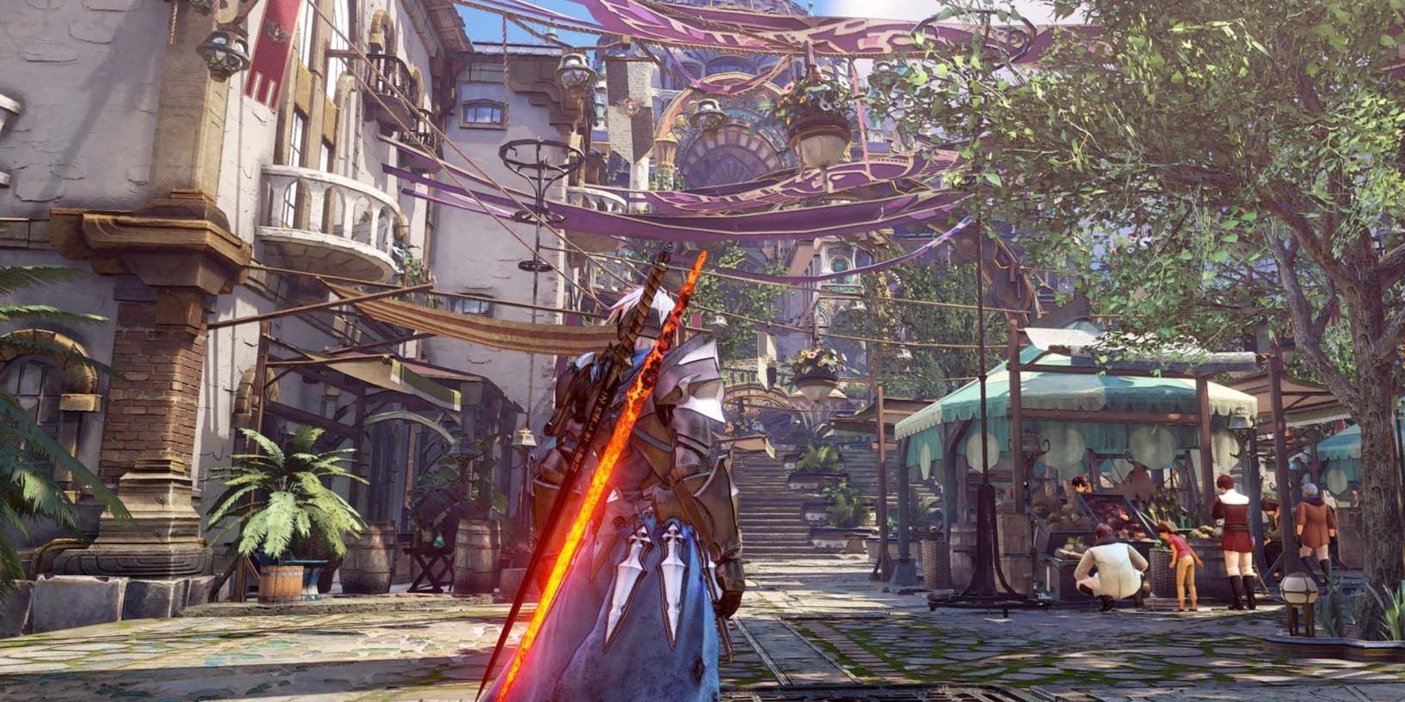 Der Hauptprotagonist von Tales Of Arise, Alphen, steht im Basarbereich
