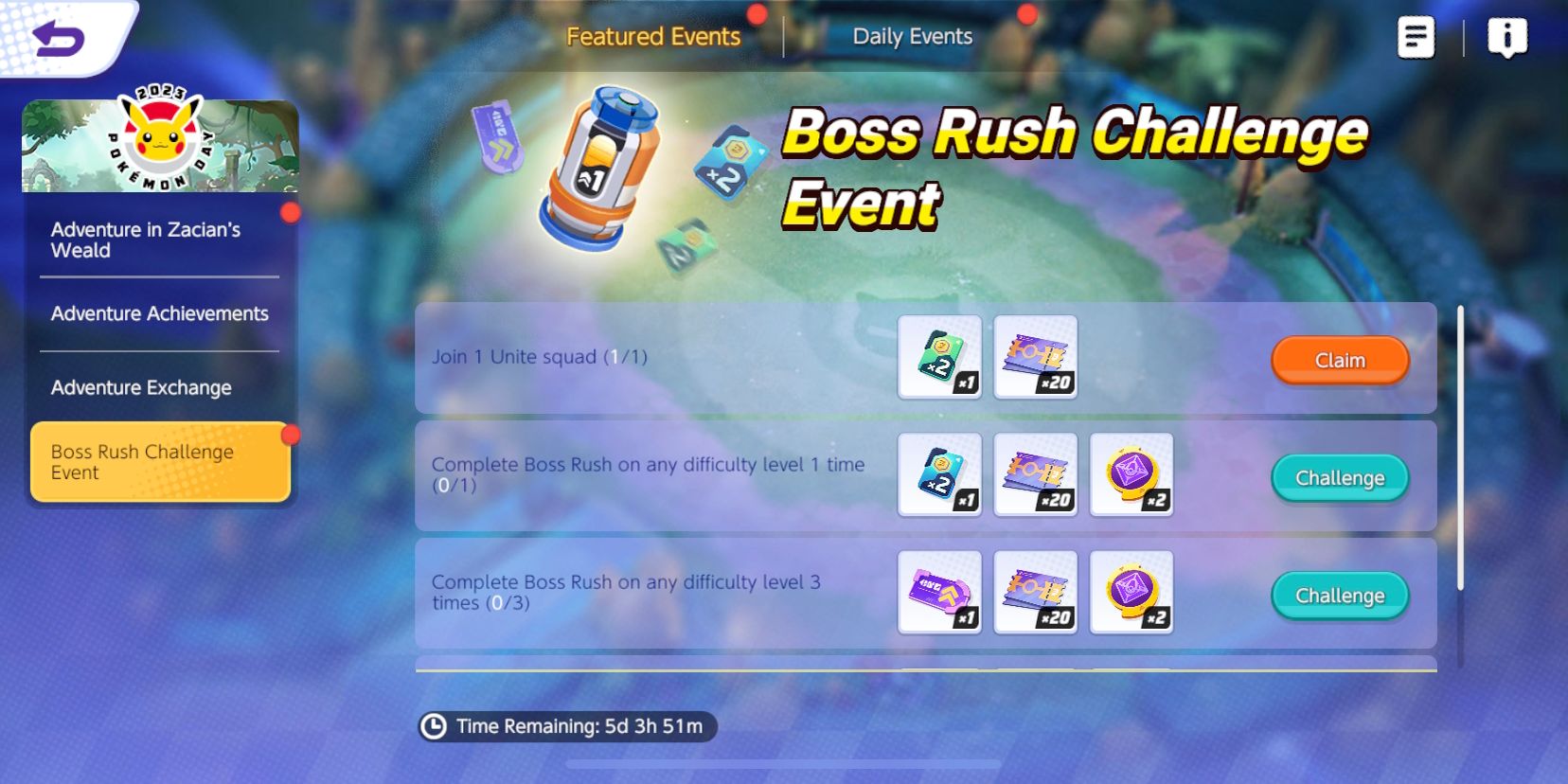 Pokemon Unite Boss Rush Challenge Event-Bildschirm mit Event-Herausforderungen und Belohnungen
