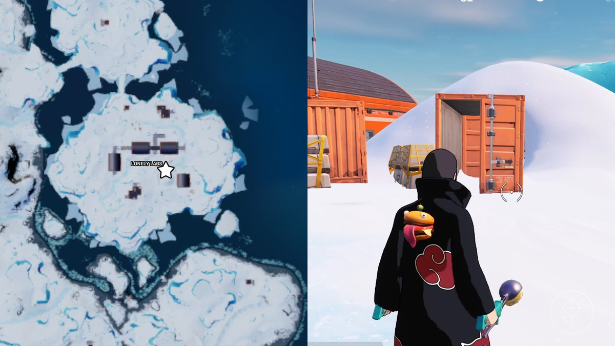 Standort des Lonely Labs-Speichercontainers für die Quest „Encrypted Ciphers“ in Fortnite, dargestellt durch eine Karte und einen Screenshot von Itachi Uchiha im Spiel in der Gegend.