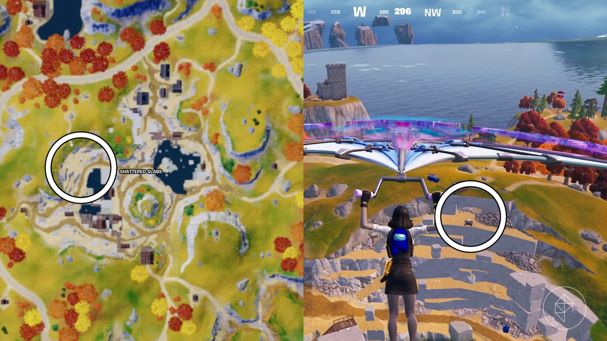 Karte mit einem Bereich von Shattered Slabs in Fortnite zusammen mit einem Screenshot des Ortes im Spiel. Amog. Blau unter uns.