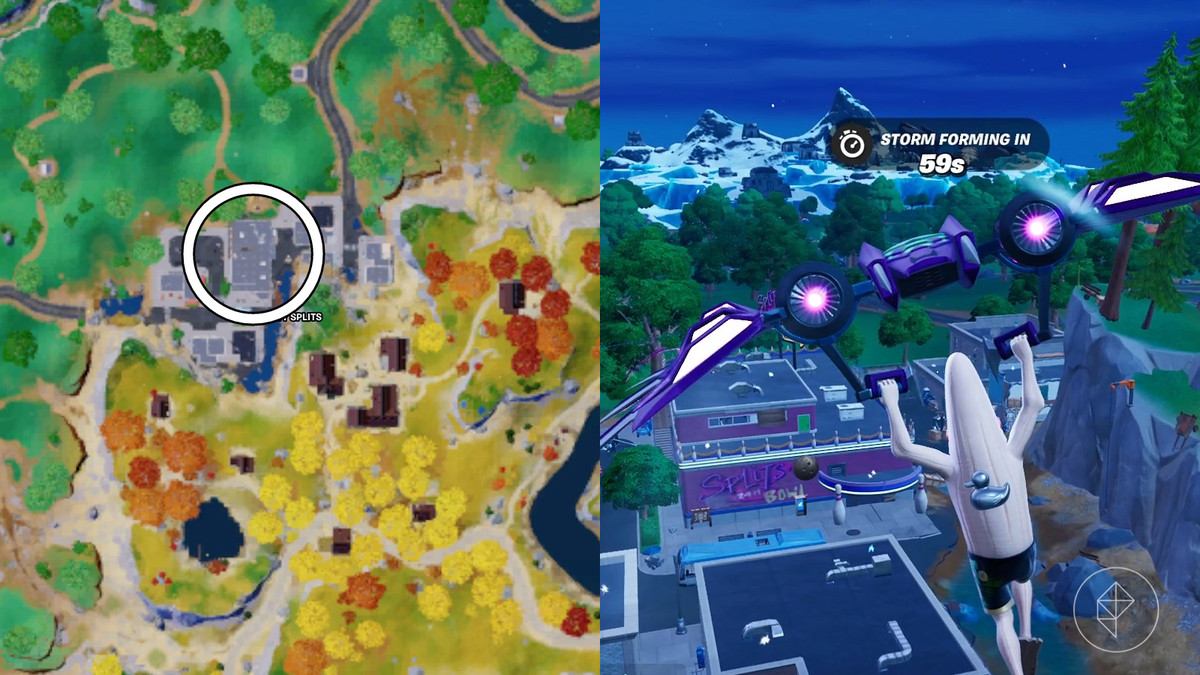 Karte mit dem Standort von Splits Bowl in Fortnite zusammen mit einem Bild des Gebäudes und einer ungeschälten Banane.