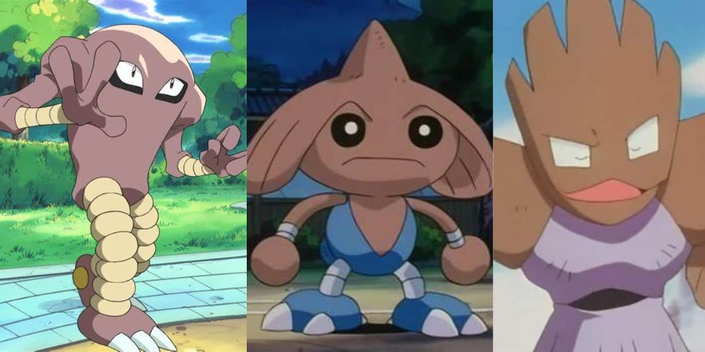 Hitmonlee in einem Park Hitmontop in einem Stadion und Hitmonchan von Pokemon