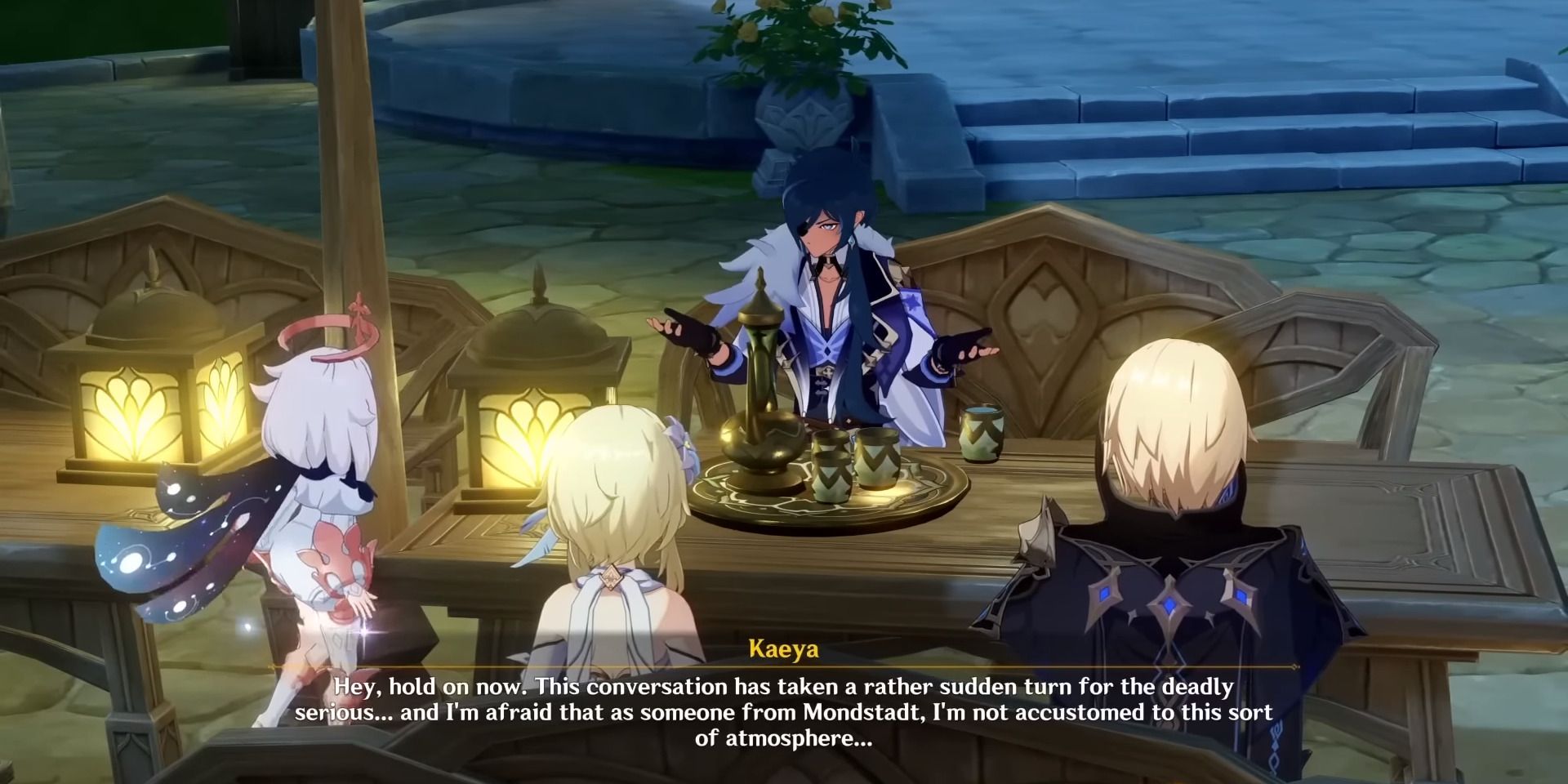 Bild von Kaeya, Dainsleif, dem Reisenden und Paimon in einer Zwischensequenz in Genshin Impact.