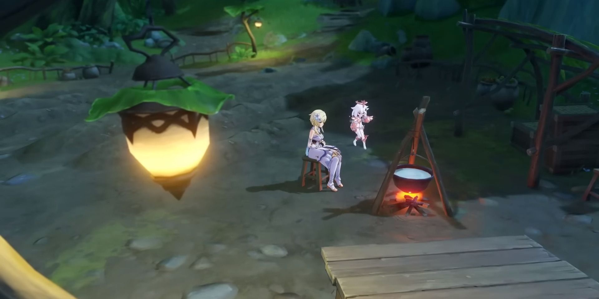 Bild des Campingplatzes außerhalb des kleinen Hauses in der Caribert-Quest in Genshin Impact.