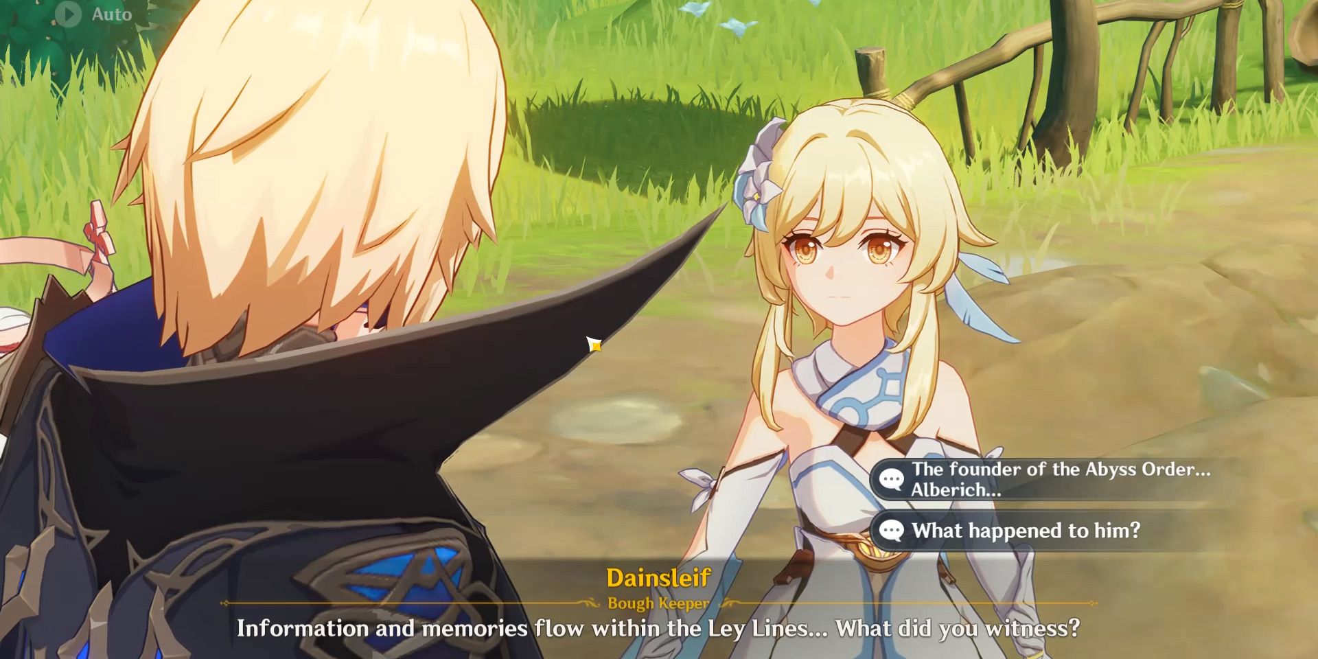 Bild einer Zwischensequenz zwischen dem Reisenden und Dainsleif in Genshin Impact.