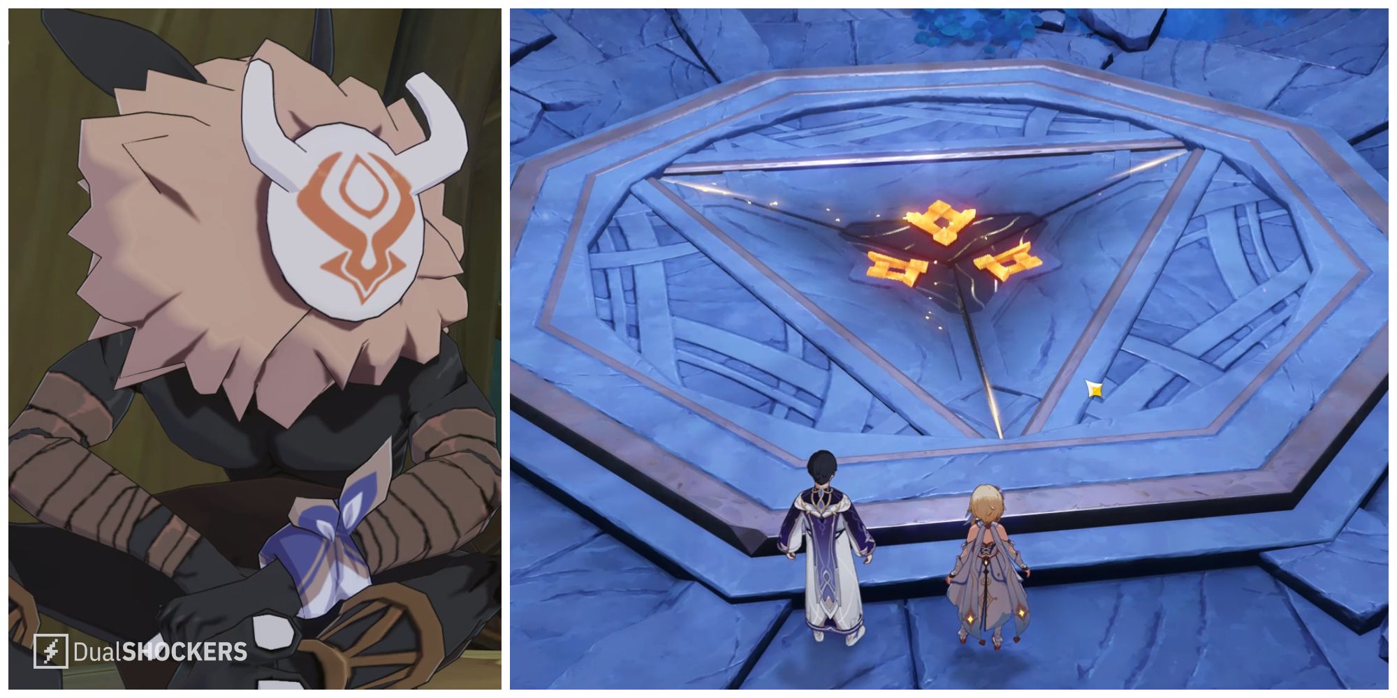Split image of Caribert in a cutscene and inside the unknown sanctuary in Genshin Impact.