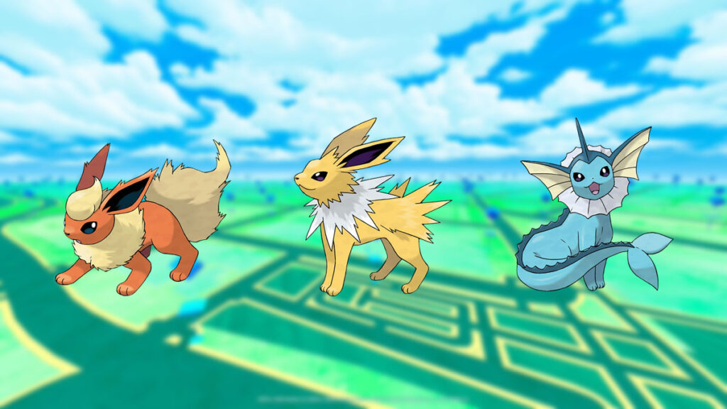Flareon, Jolteon und Vaporeon in einem Pokemon Go-Hintergrund