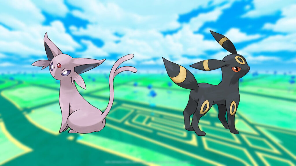 Espeon und Umbreon in einem Pokemon Go-Hintergrund