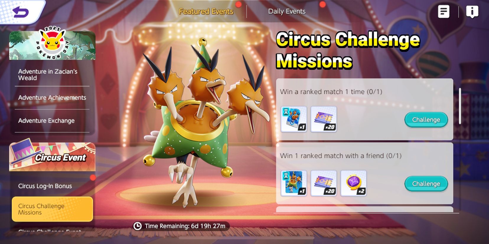 Circus Challenge Missions-Bildschirm von Pokemon Unite, der Event-Missionen und Belohnungen zeigt