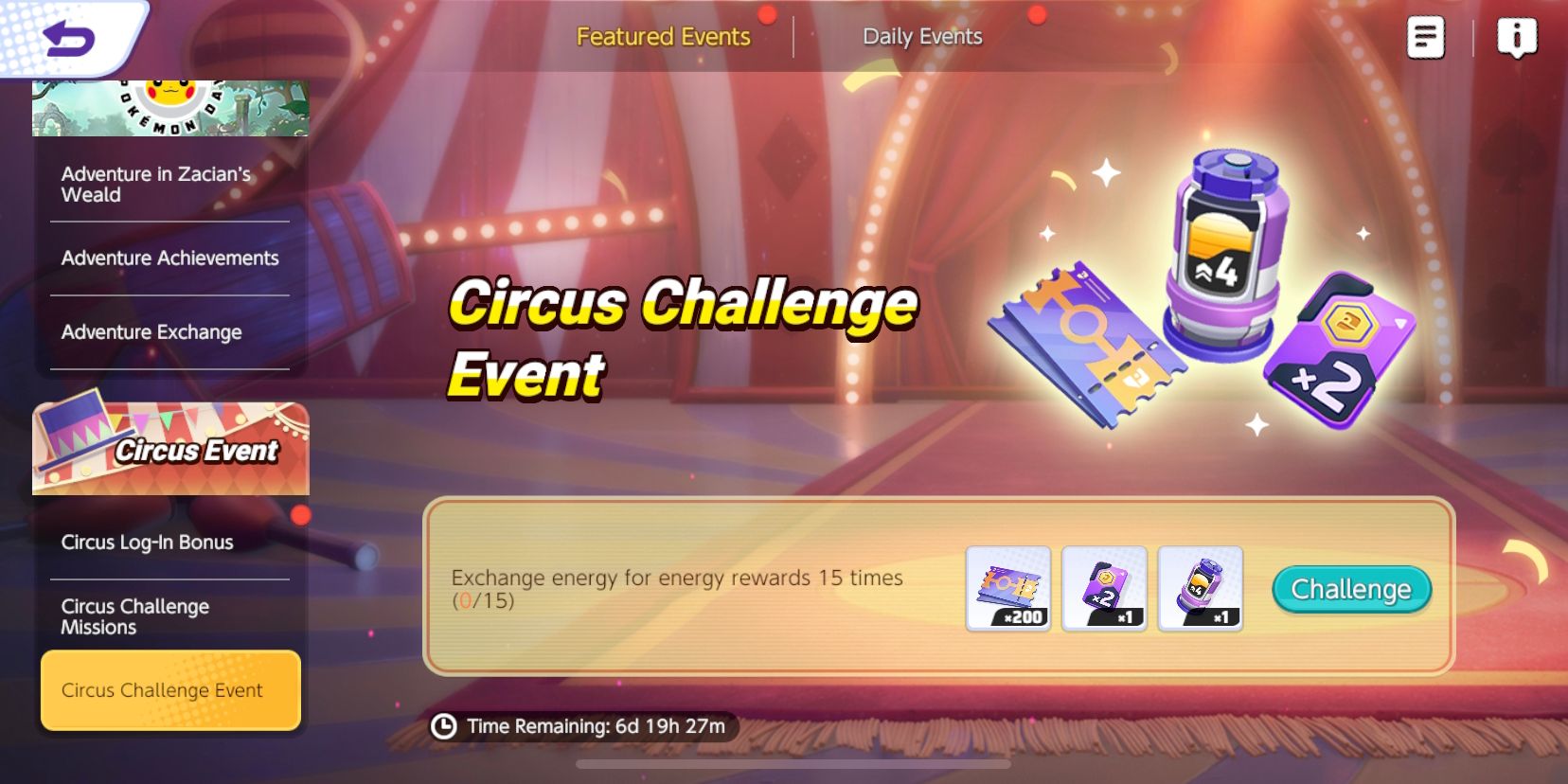 Circus Challenge Event-Bildschirm von Pokemon Unite, der die Event-Mission und Belohnungen zeigt