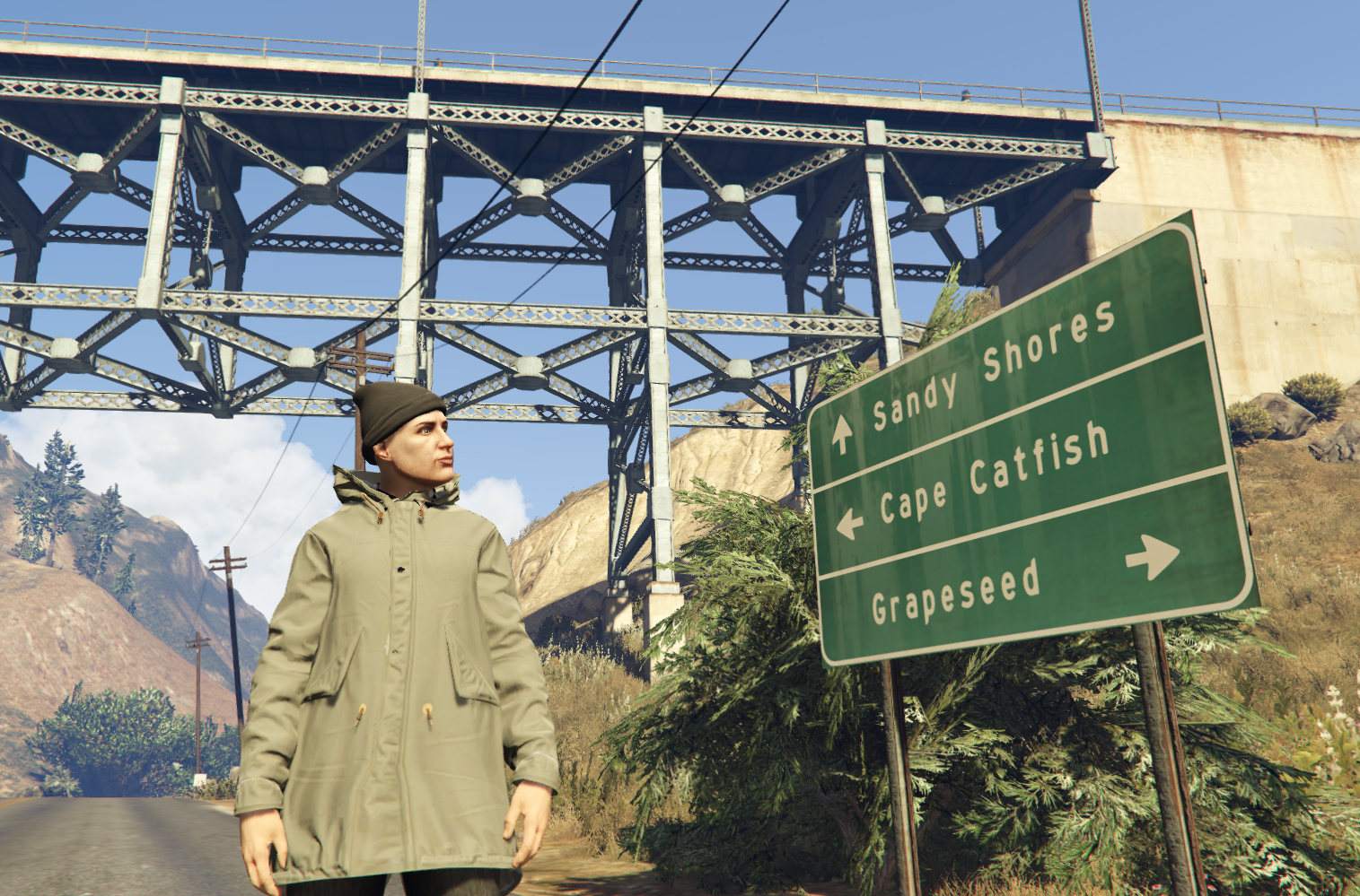 GTA-Charakter, der Straßenschilder betrachtet