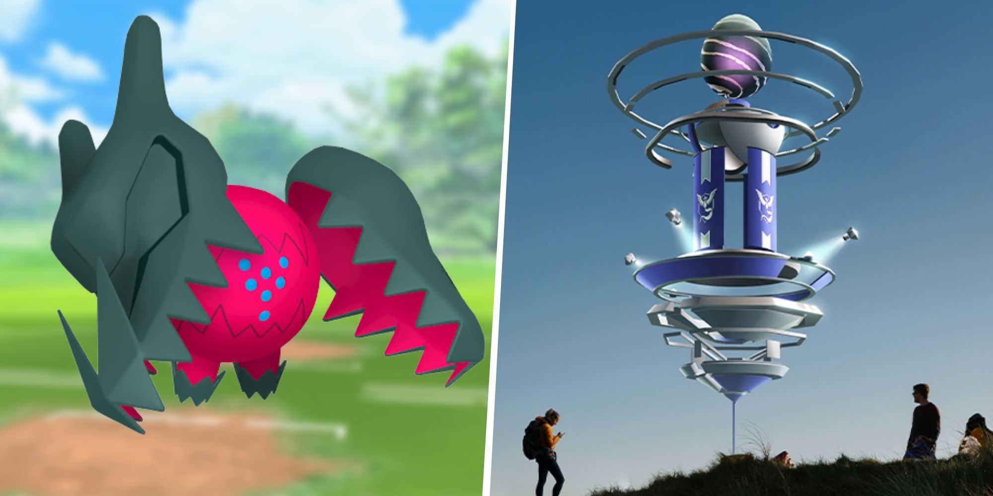 Image of Regidrago split with an image of people around a Pokemon Go Raid