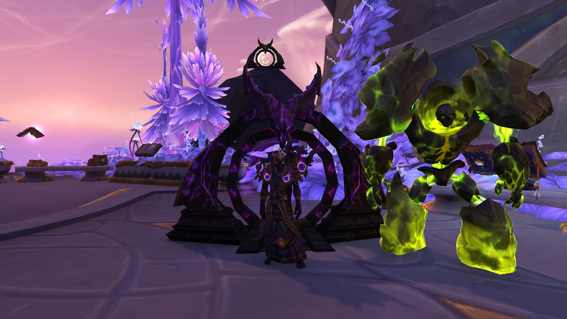 Ein Zerstörungshexenmeister, der vor einem dämonischen Tor und einem Infernal in Valdrakken in World of Warcraft steht.