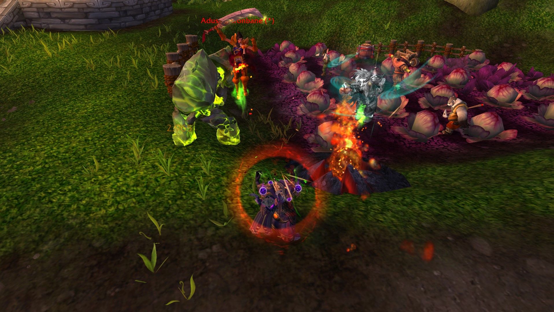 Ein Zerstörungshexenmeister, der mit seinem Infernal auf einem Schlachtfeld in World of Warcraft kämpft.