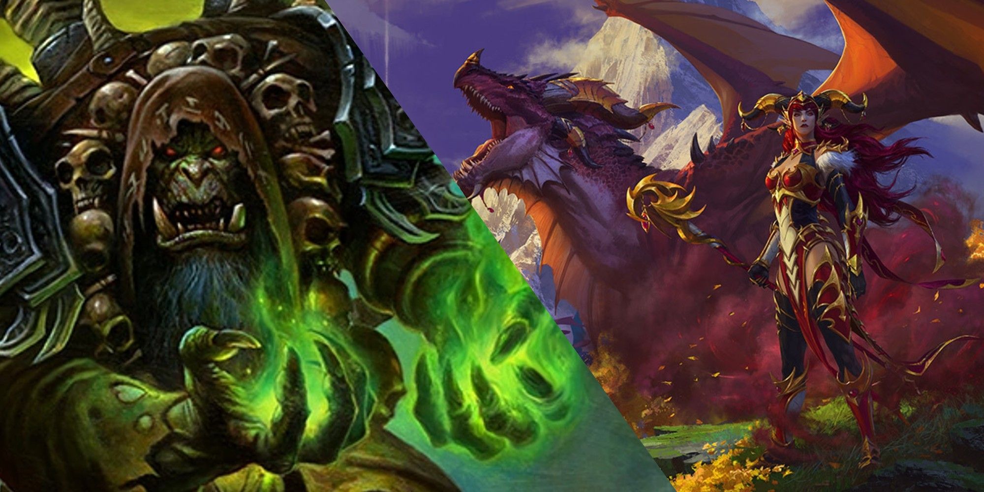 A split image of Gul'dan, a Destruction Warlock, and official art of World of Warcraft: Dragonflight.