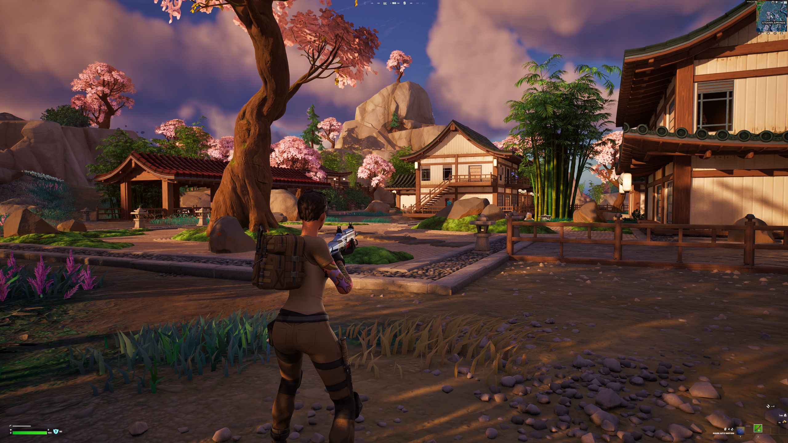 Fortnite Kapitel 4, Staffel 2, Spieler, der im Steamy Springs Zen Garden Landeplatz steht