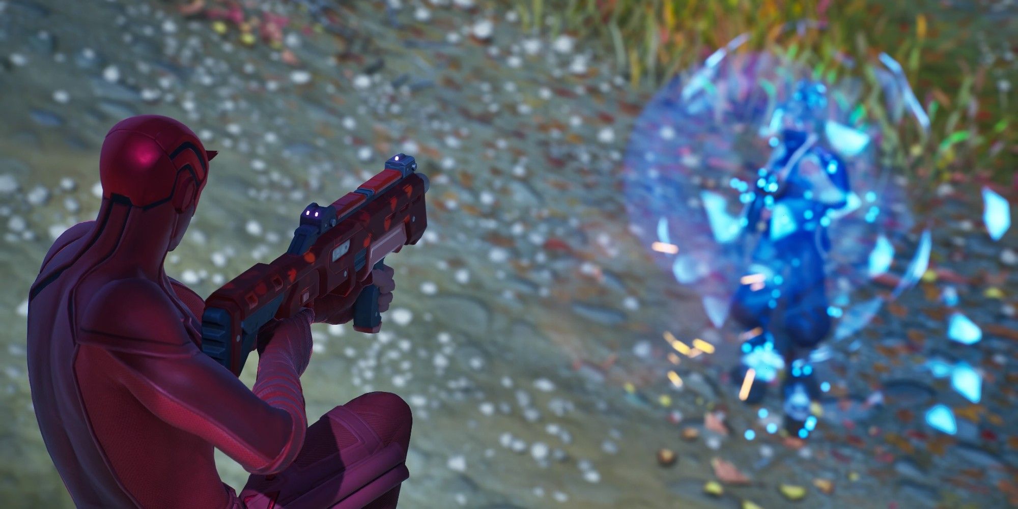 Fortnite-Spieler, der mit der Chaos-Pump-Schrotflinte schießt
