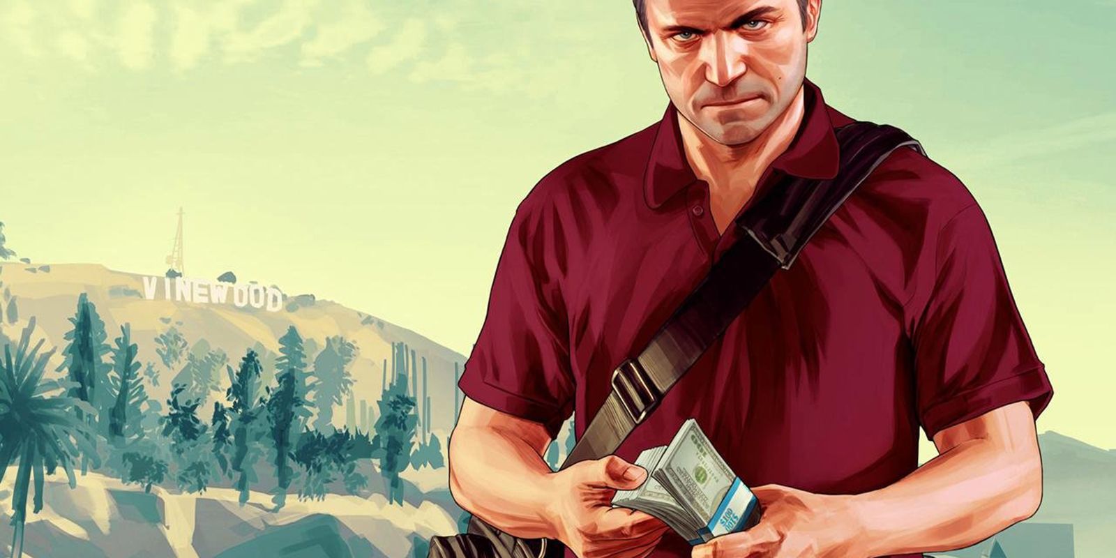 Ein Charakter aus Grand Theft Auto 5, der einen Stapel Geld hält