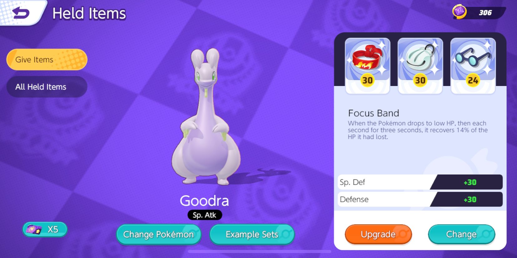 Auswahlbildschirm von Goodra's Held Item, mit Focus Band, Shell Bell und Wise Glasses ausgewählt