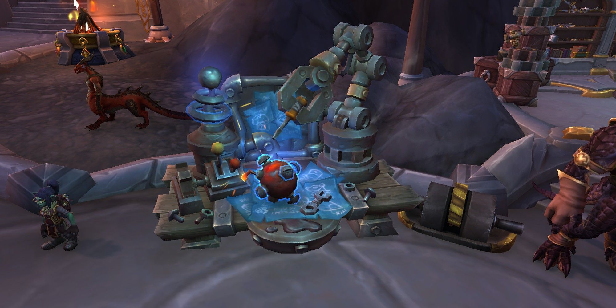 Eine Tinker's Workbench, eine Engineering-Workstation, in Valdrakken in World of Warcraft.