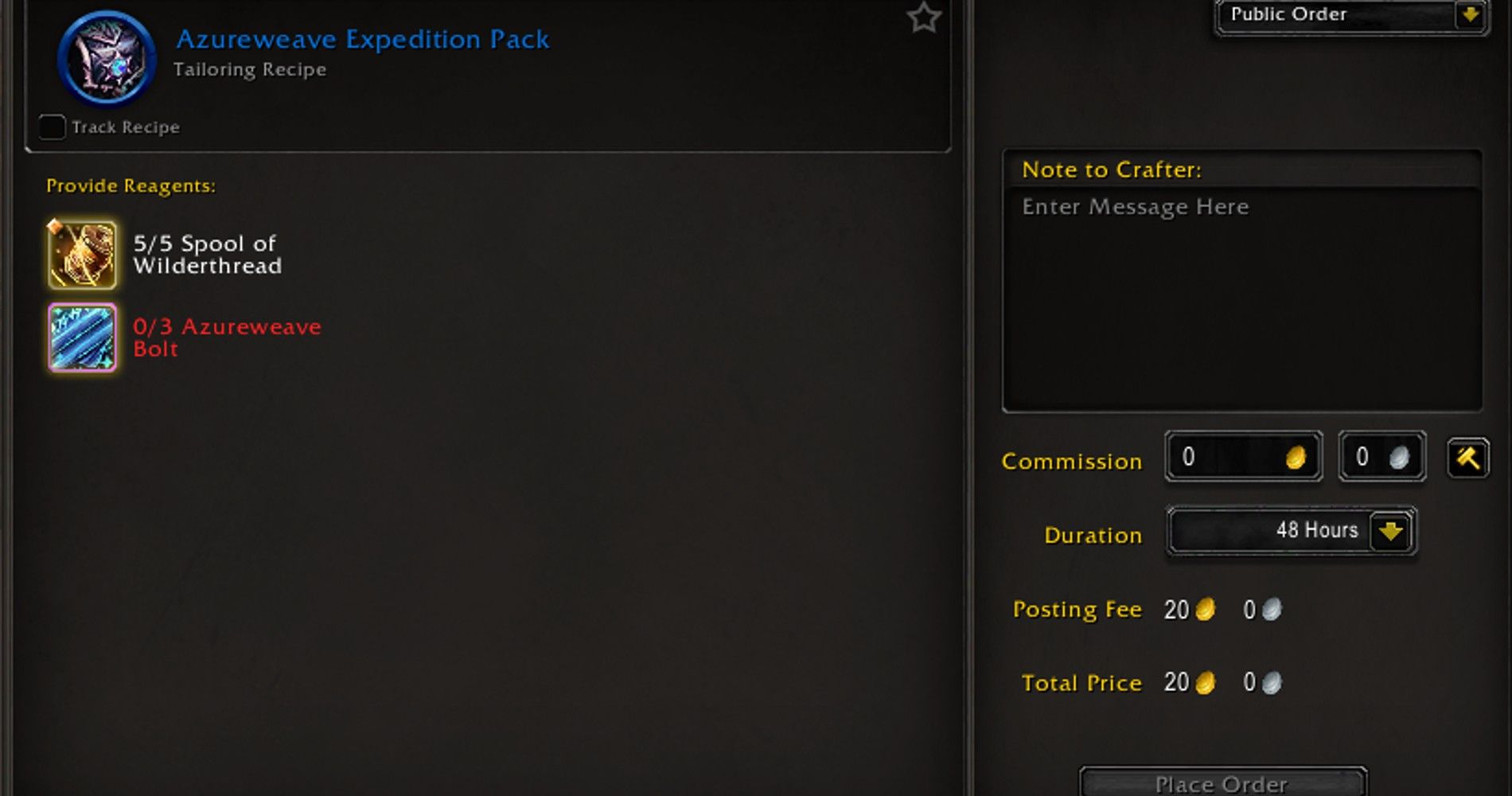Anfordern eines Herstellungsauftrags für ein Azureweave-Expeditionspaket in World of Warcraft.