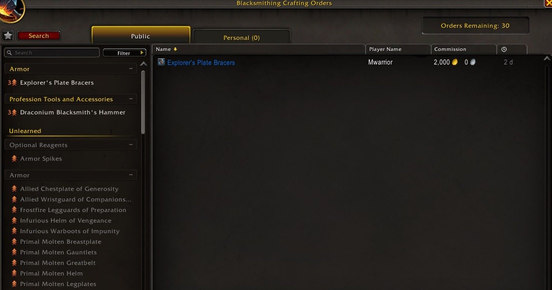 Ein Schmiedehandwerksbefehl aus der Sicht des Handwerkers in World of Warcraft.