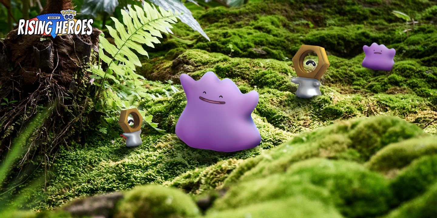 Zwei Ditto und zwei Meltan stehen auf dem Boden eines Waldes