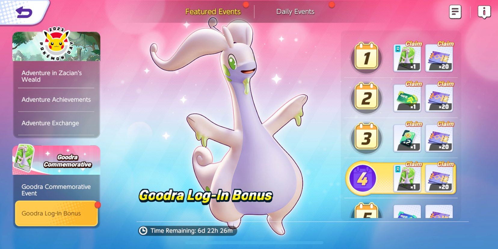 Goodra-Anmeldebonus-Ereignisbildschirm von Pokemon Unite mit verschiedenen Anmeldebelohnungen