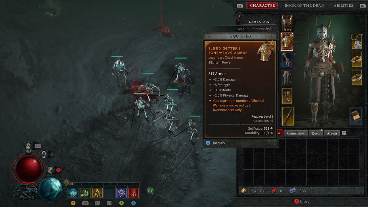 Halten Sie Ausschau nach legendären Gegenständen, die Ihre Schergen beeinflussen. Zum Beispiel erhöht die Boneweave-Rüstung des Blood Getter die Anzahl der Skeletal Warriors um zwei weitere Untote.