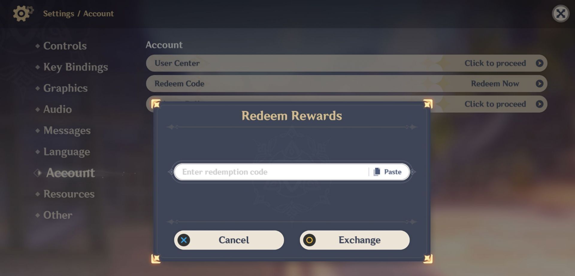 Sie können auch Codes im Spiel eingeben (Bild über HoYoverse)