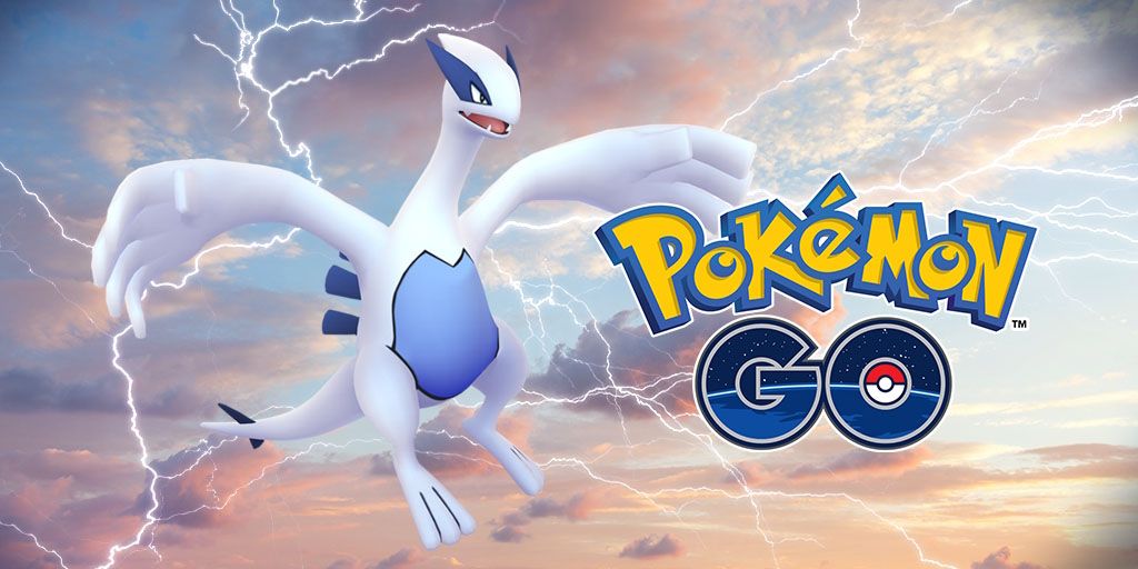 Lugia fliegt am Himmel voller Blitze, mit dem Pokemon Go-Logo rechts