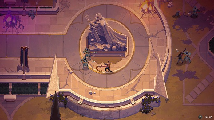 Hier sehen wir Sylas wieder in isometrischer Perspektive, wie er mit seinen Ketten direkt gegen zwei mit Speeren bewaffnete Wächter kämpft.