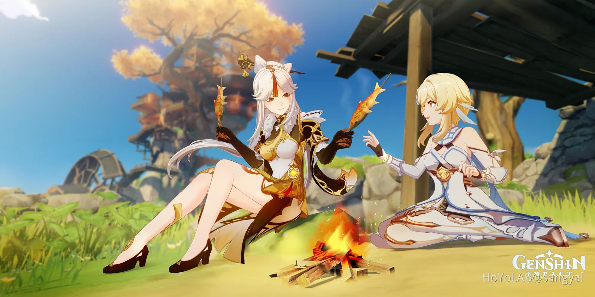 Genshin Impact characters roasting fish