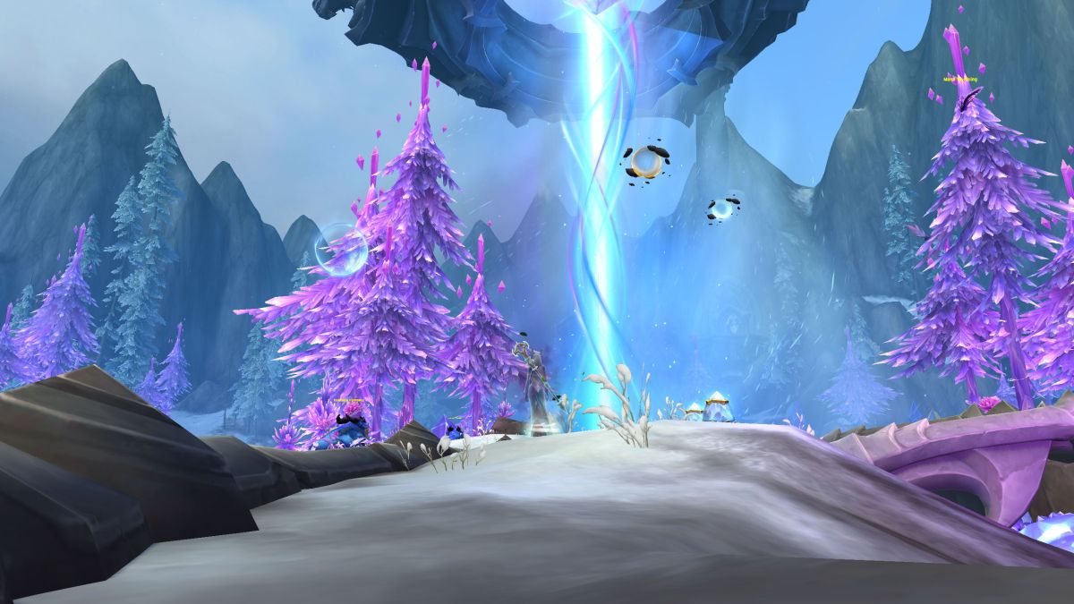 WoW Gathering the Magic - a priest is looking at orbs floating in the air with two purple fir trees close by