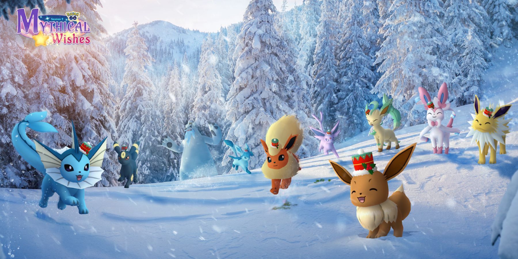 Bild, das alle Eevee-Entwicklungen zeigt, die den Feiertagshut in Pokemon Go tragen.