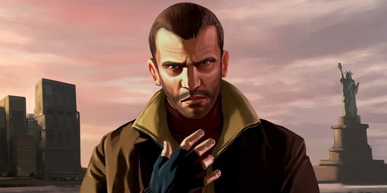 Niko Bellic starrt vor dem Stadtbild auf die Leinwand.