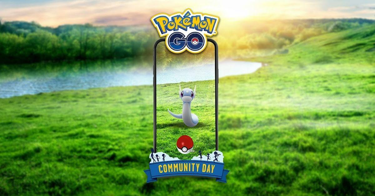 Dratini auf einer Wiese, umgeben vom Rahmen des Pokémon GO Community Day.