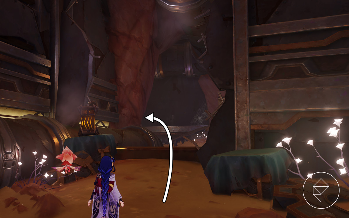 Raiden steht während der Weltquest As the Khvarena's Light Shows Nirodha in Genshin Impact vor einer Öffnung in der unterirdischen Wand