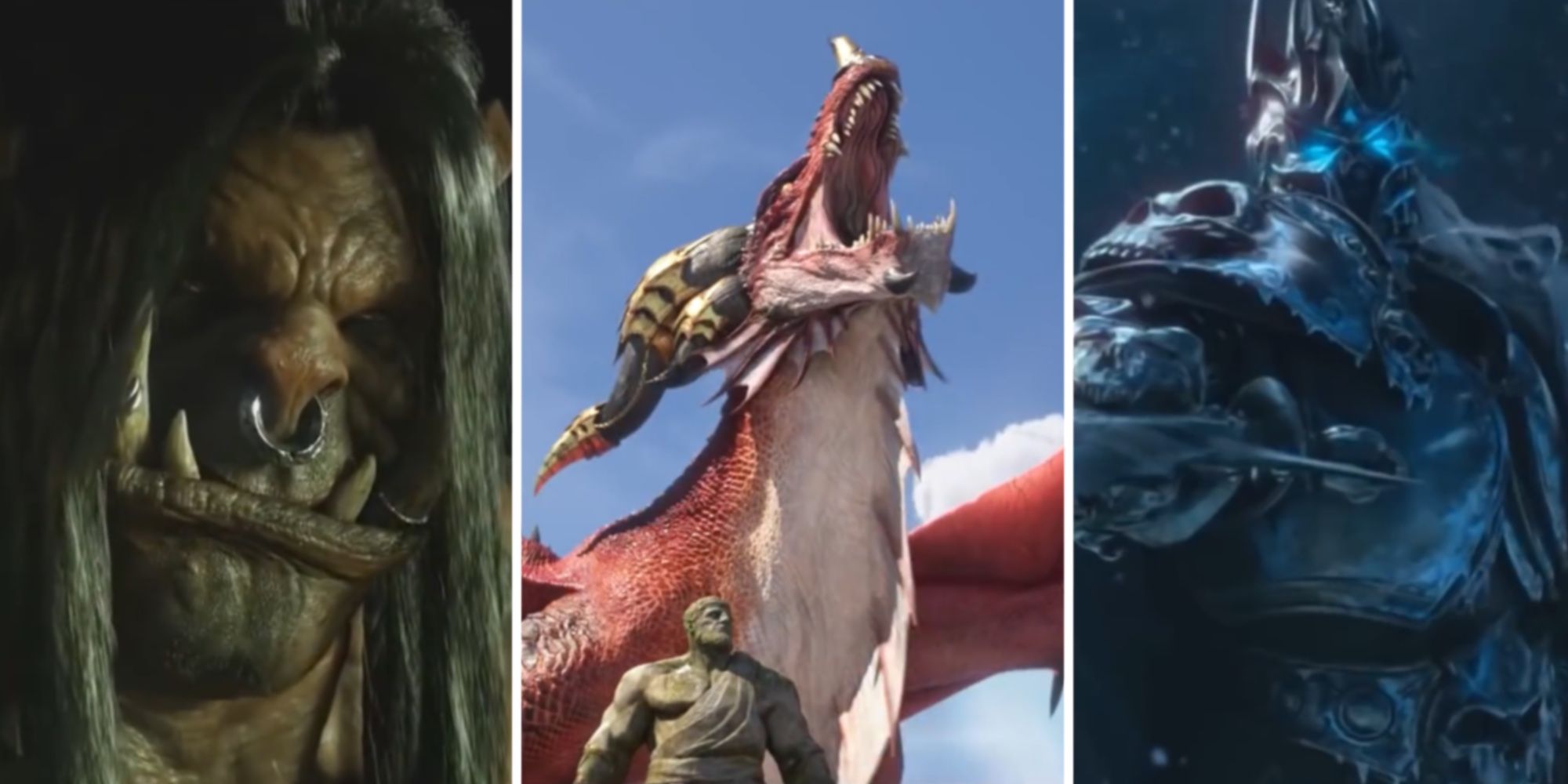 Split Image of Grom Hellscream, Alexstrasza, and The Lich King Arthas