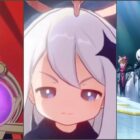 Genshin Impact: anemo and electro vision, Paimon looking annoyed, and four of the Fatui Harbingers.