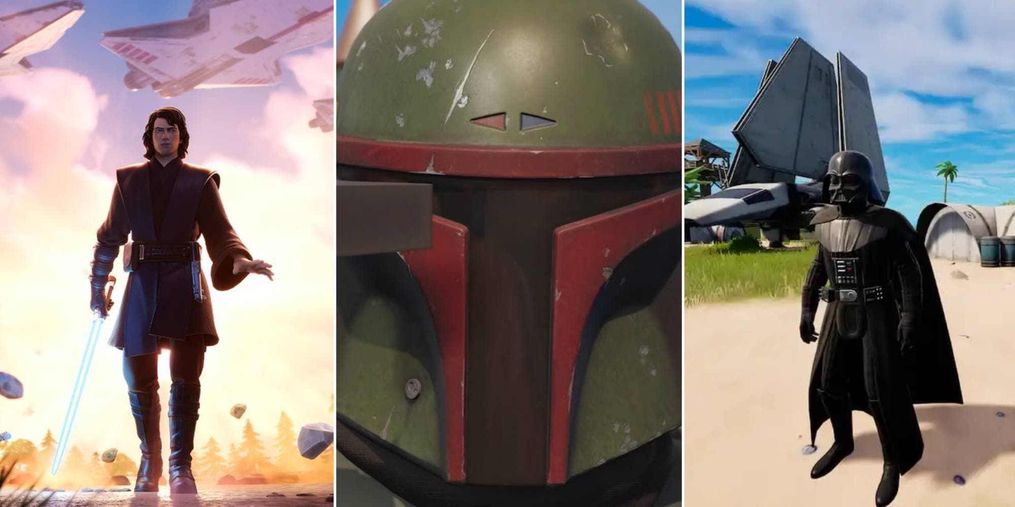 Anakin Skywalker, Boba Fett, and Darth Vader in Fortnite.