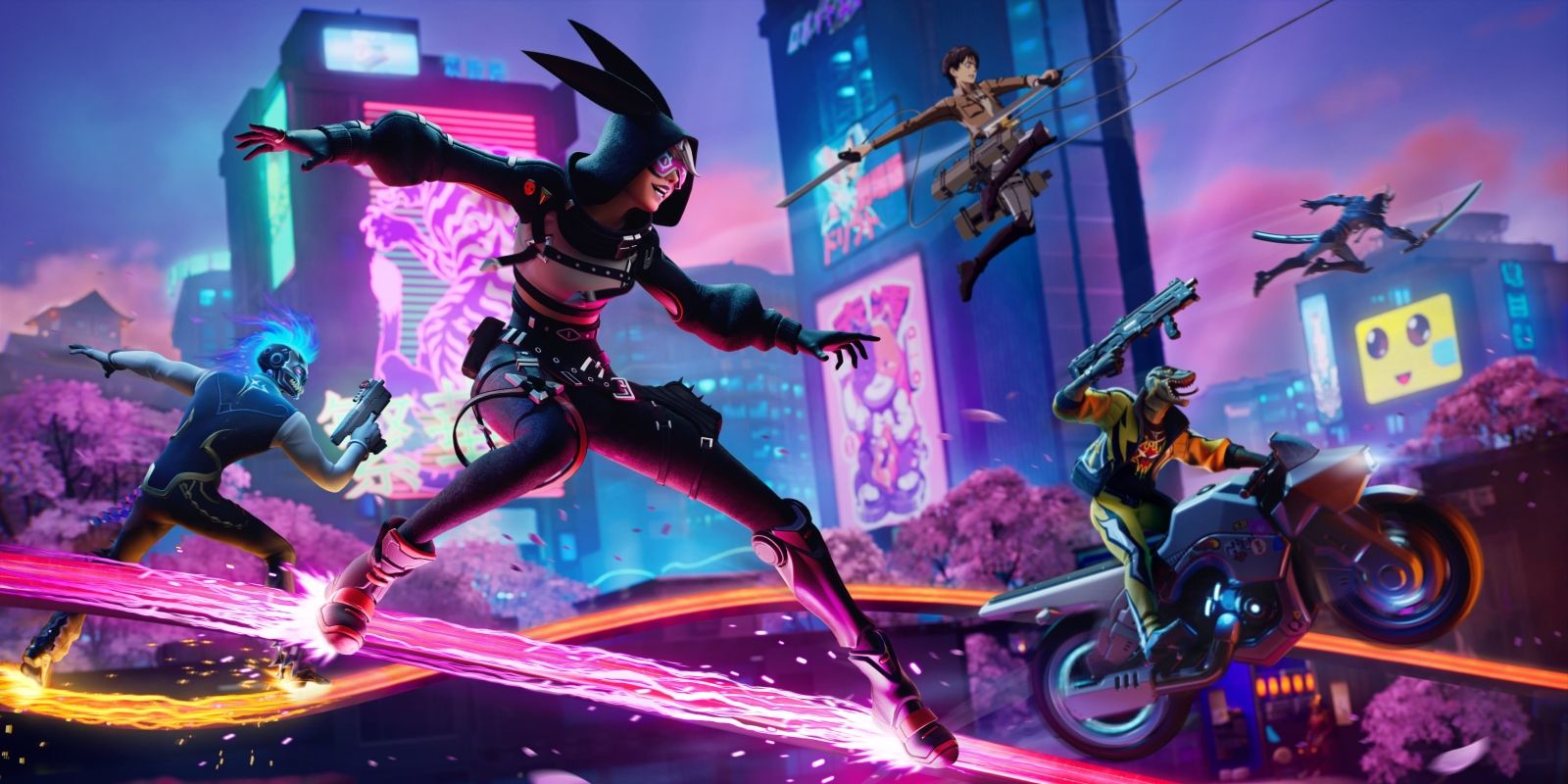 Keyart for Fortnite Chapter 4 Season 2 featuring various characters flying through a neon city