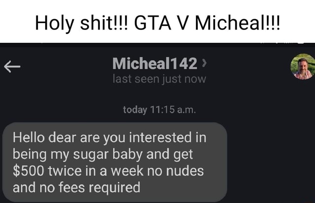 Heilige Scheiße!!!  GTA V Michael!!!  (Micheal 42 wurde gerade heute zum letzten Mal gesehen. Hallo Schatz, bist du daran interessiert, mein Zuckerbaby zu sein und zweimal in der Woche 500 $ zu bekommen, ohne Nacktfotos und ohne Gebühren?