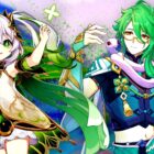 Genshin Impact's Nahida extends her hand to the left while Baizhu looks at his own hand on the right.