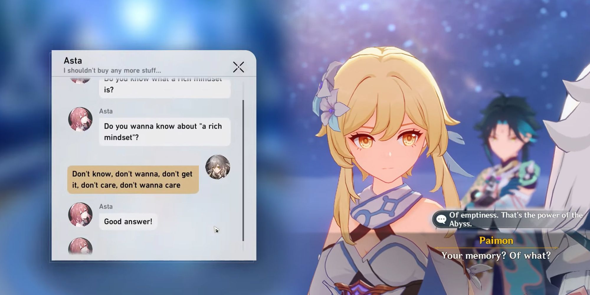 Honkai Star Rail und Genshin Impact – Wegbereiter im Text lustig, während der Reisende etwas sagt, was ein Goth-Kind in einer Sitcom sagen würde