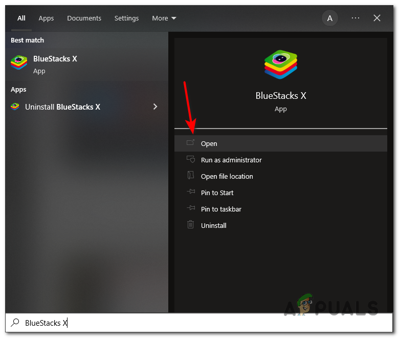 Drücken Sie die Windows-Taste auf Ihrer Tastatur und geben Sie ein "BlueStacks X" in der Suchleiste und öffnen Sie das Programm.